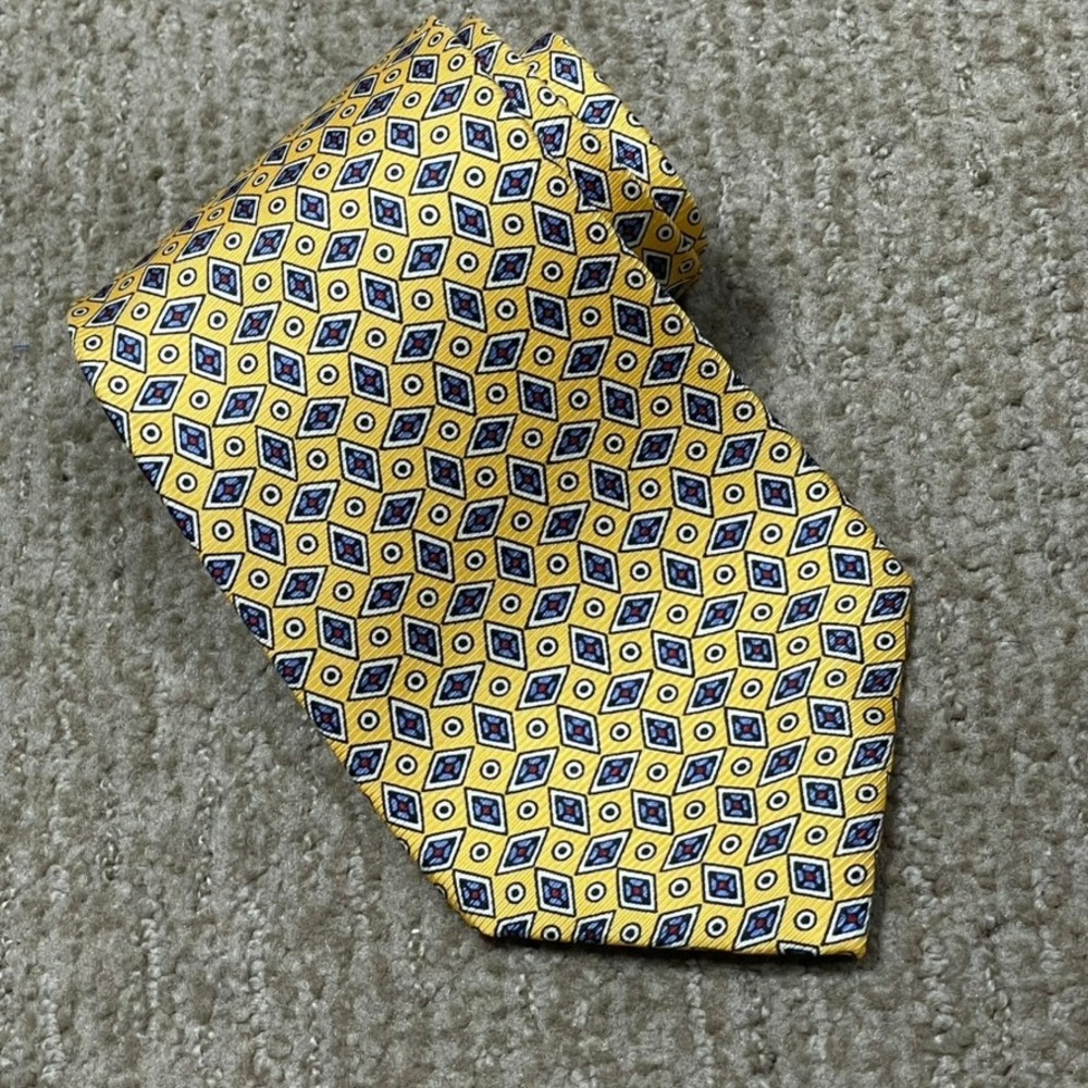 Lauren Ralph Lauren Silk Tie Yellow Blue Geometric Diamond Preppy Americana USA